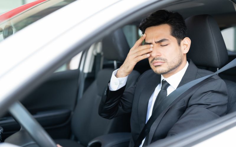 a very tired man in the drivers seat of a car